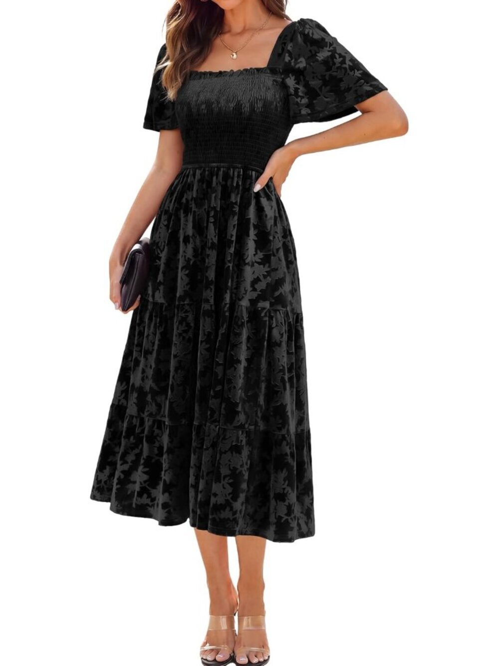 Women's Black Square Neck Short Sleeve Flroal Formal Wedding Velvet Maxi Dress